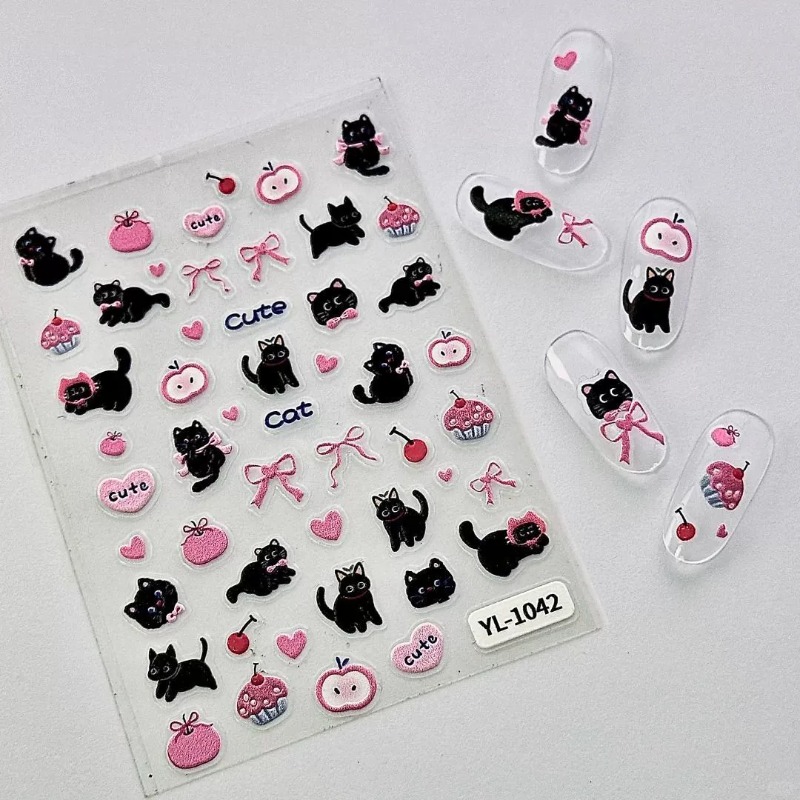 Cute Cartoon Bow Black Cat 3D  - Nail Art Motif recension och pris