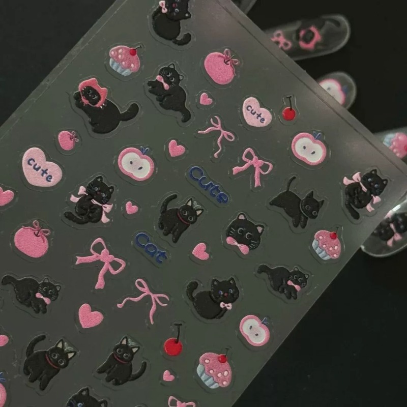 Cute Cartoon Bow Black Cat 3D  - Nail Art Motif recension och pris